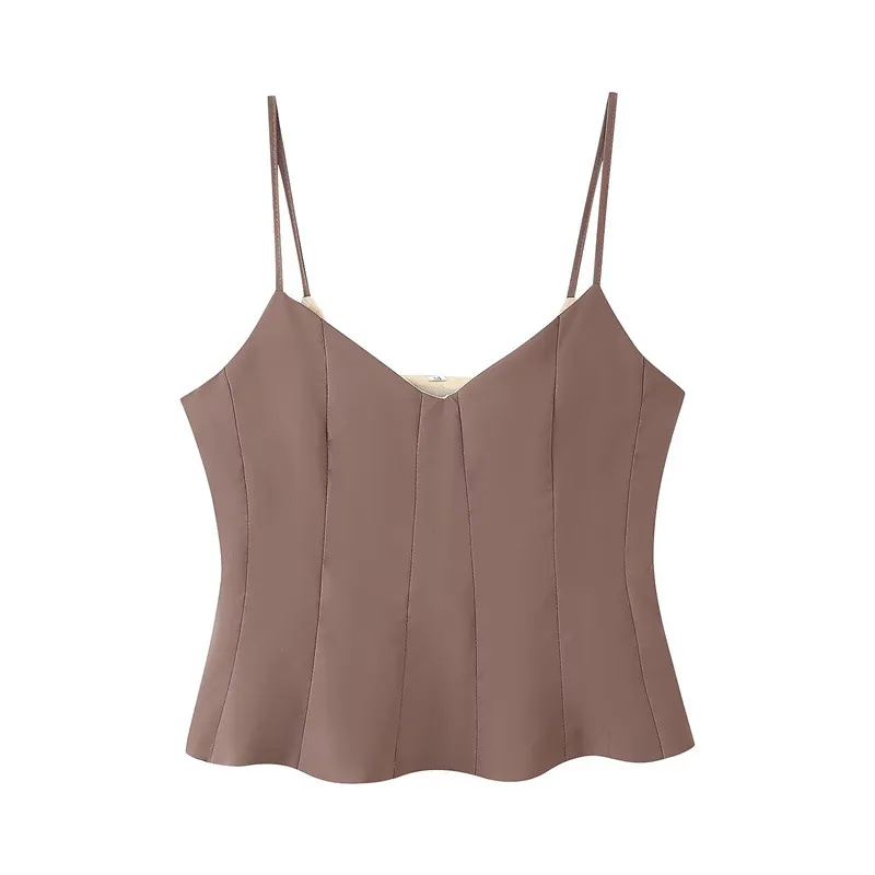 Sling Solid Color Top High Waist Casual Straight Trousers Suit - Top