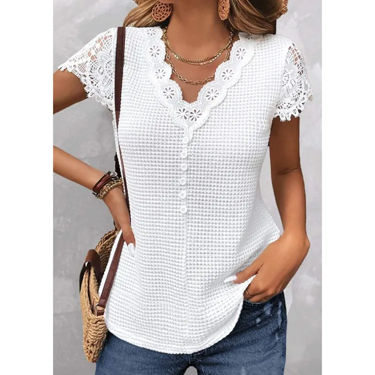 Spring And Summer Solid Color Lace V-neck Short-sleeved T-shirt - White