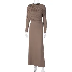Fashionable Elegant Slim-fit Pleated Irregular Long-sleeved Dress - Khaki - View 1