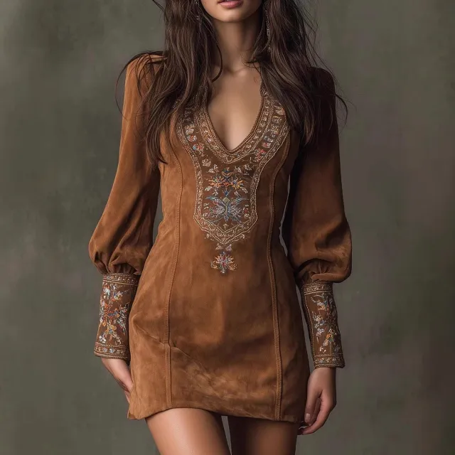 European And American Women's Clothing Long Sleeve V neck Sexy Dress Embroidery Brown - Shop at LoveMi