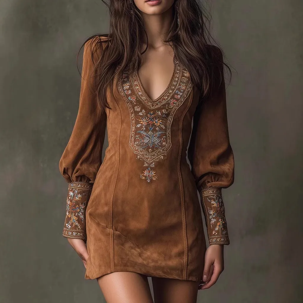 European And American Women's Clothing Long Sleeve V-neck Sexy Dress Embroidery - Brown
