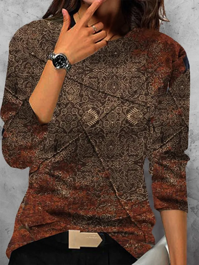Casual Round Neck Long Sleeve Pullover Loose Digital Printing Women's Top - Shop at LoveMi