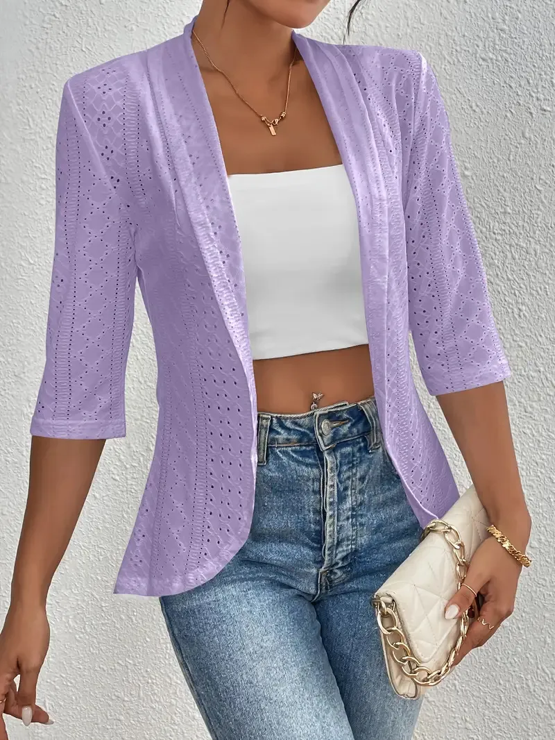 Women's Casual Half Sleeve Solid Color Thin Shawl Coat - Violet