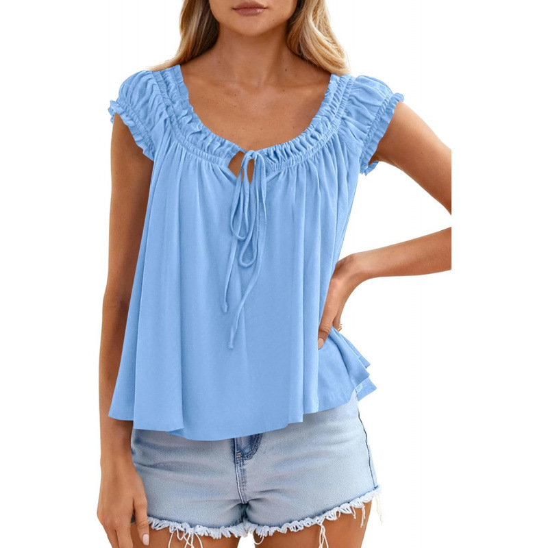 Lace-Up Ruffle-Trimmed Pleated Summer Top