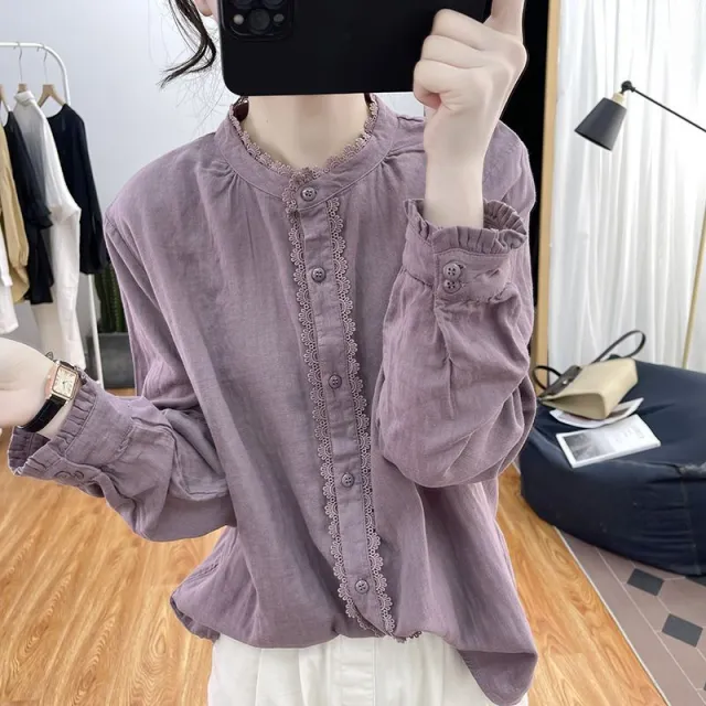 Lotus Sleeve Cotton Long Sleeve Shirt Basic Shirt Taro Purple - Shop at LoveMi