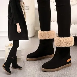 Fleece Lined Padded Warm Keeping Flat Bottom Cotton Boots Black - Shop at LoveMi