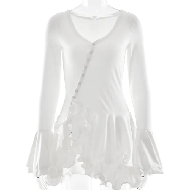 Waist tight Low cut Button Dress White - Shop at LoveMi
