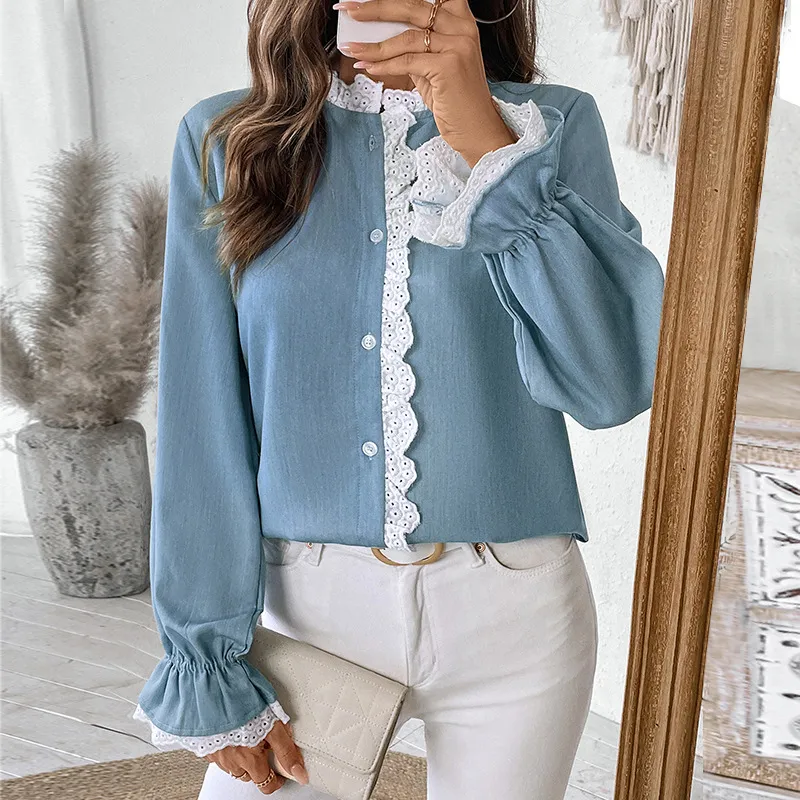 Cardigan Single-breasted Lace Collar Blue Shirt For Women - Blue