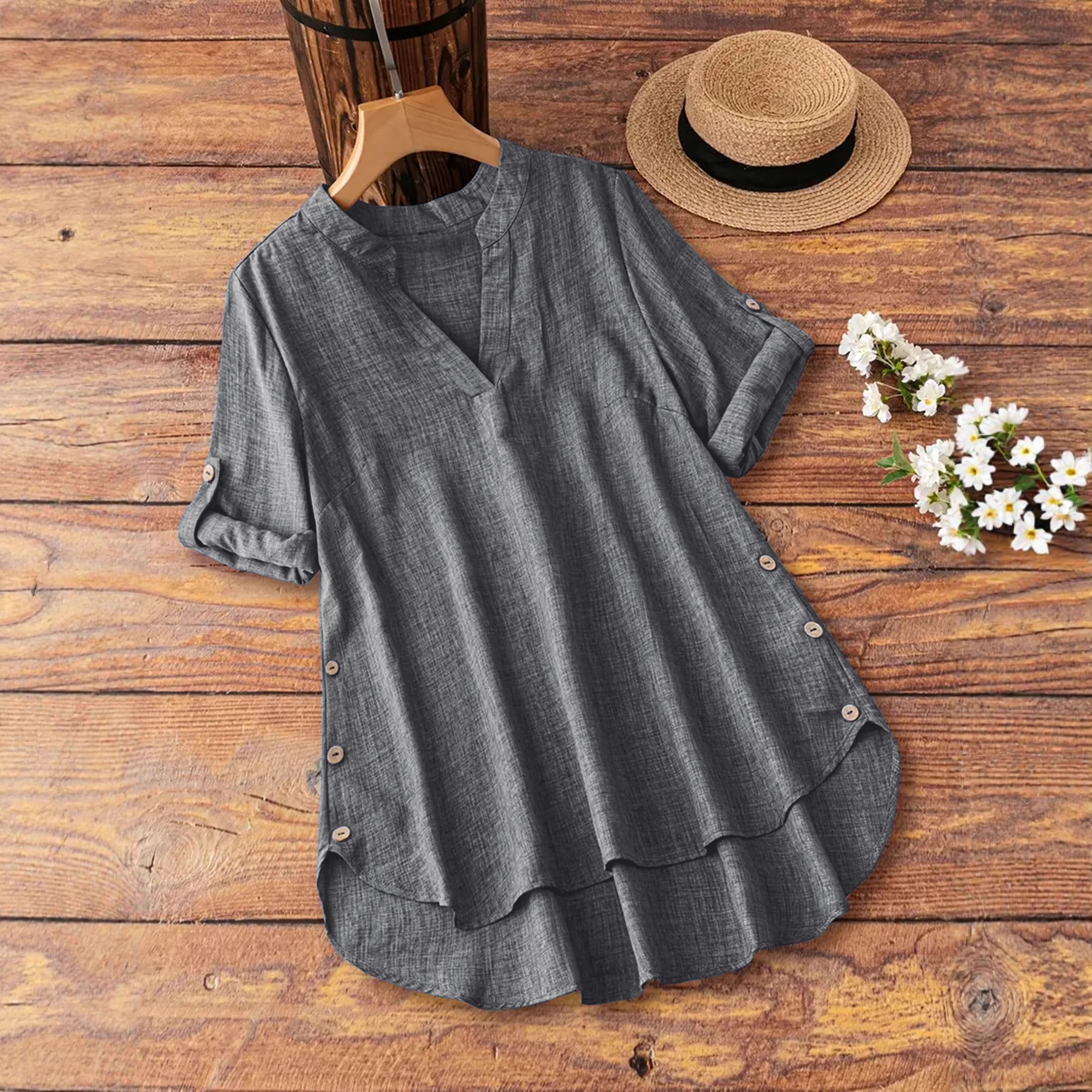 V-Neck Button-Down Loose Fashionable Womens Shirt - Image 1