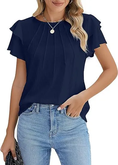 Summer Pleated Short Sleeve Round Neck Top Business Work Shirt - Blue