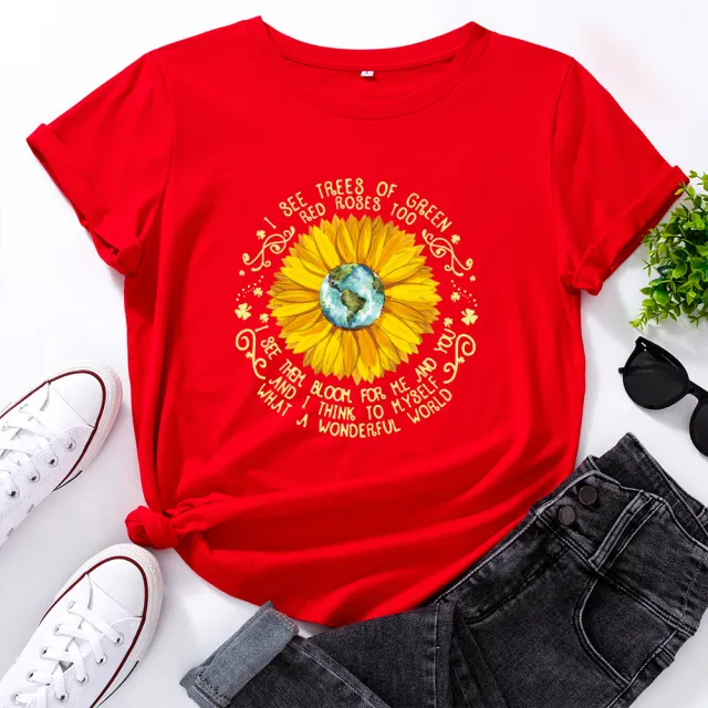 Bee Festival European And American Loose Round Neck Sunflower Short Sleeve Red - Shop at LoveMi