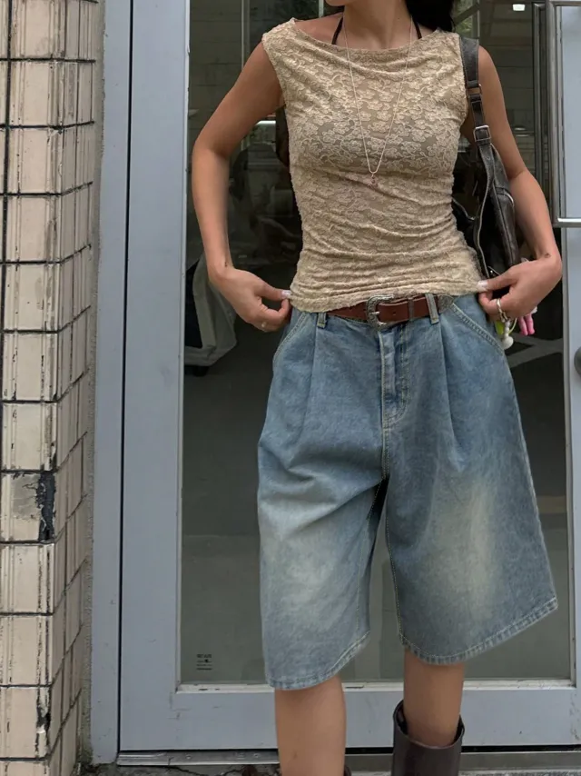 Retro Pleated Wide Leg Straight Denim Shorts Without Belt Blue - Shop at LoveMi
