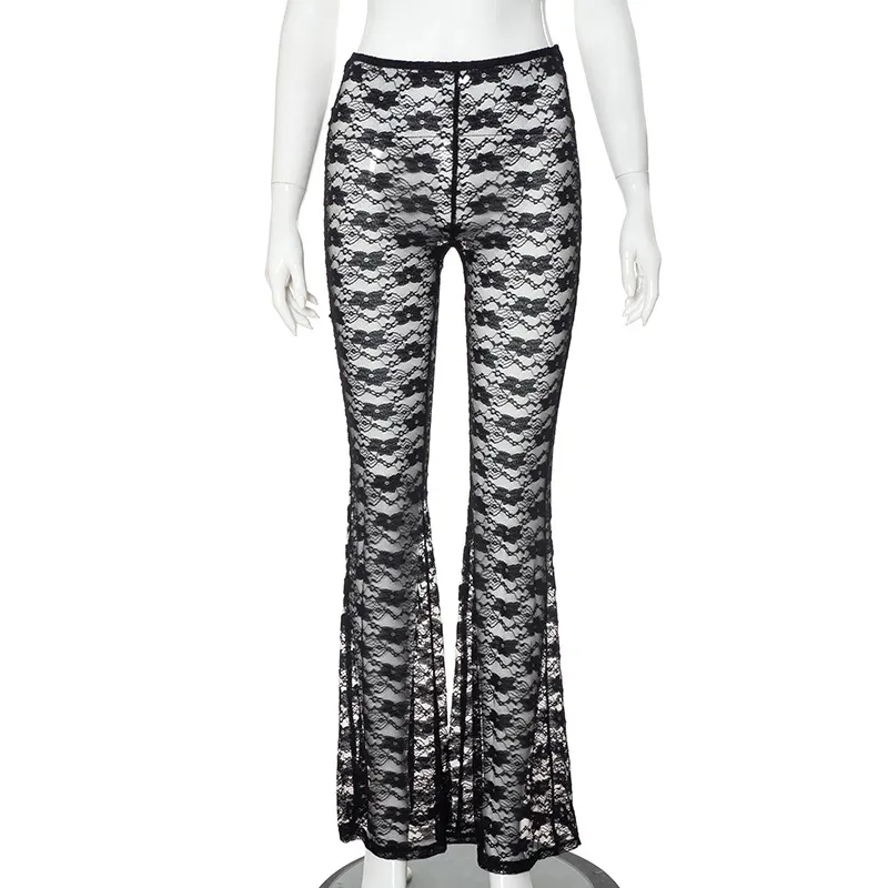 Lace Versatile High Elastic See-through Casual Trousers - Black