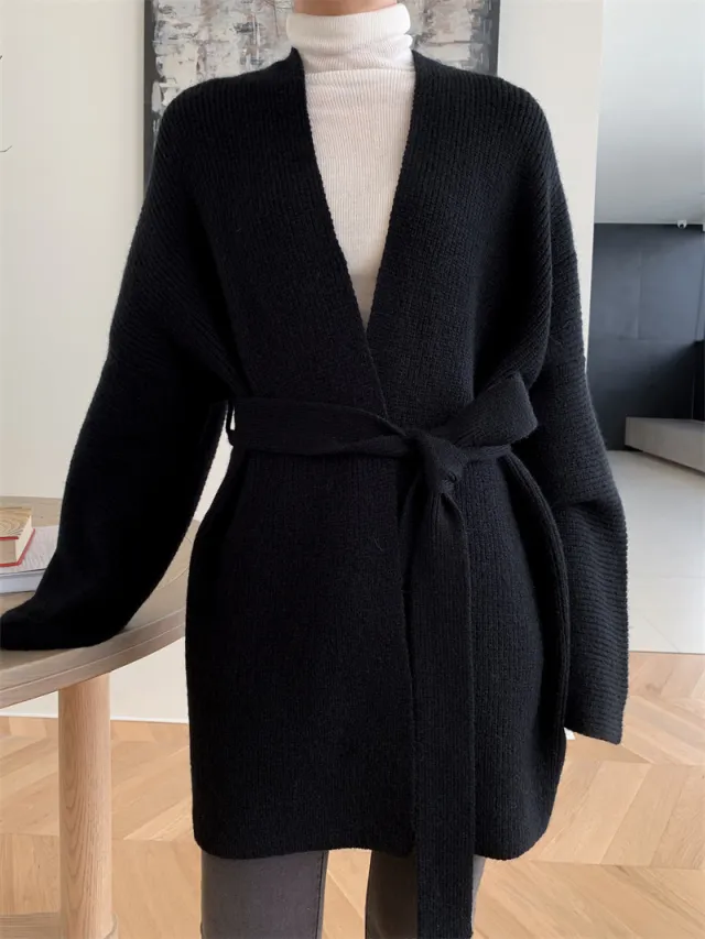 Cashmere Belt Knitted Cardigan Jacket Black - Shop at LoveMi