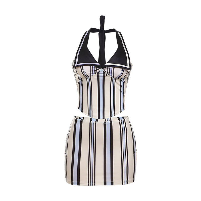 Sleeveless Halter Striped Contrast Color Hip Skirt Suit Striped Colors L - Shop at LoveMi