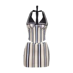 Sleeveless Halter Striped Contrast Colour Hip Skirt Suit - Striped Colours-L - View 1