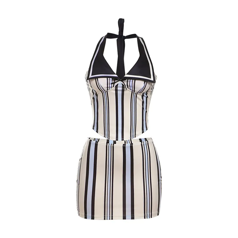 Sleeveless Halter Striped Contrast Color Hip Skirt Suit - Striped Colors-L