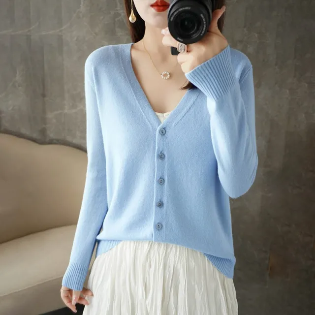 Spring And Summer New V neck Cardigan Loose Plus Size Women's Clothing Sky Blue - Shop at LoveMi