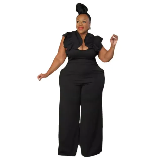 Plus Size Strappy Lace Stretchy Slim Wide Leg Jumpsuit Black - Shop at LoveMi