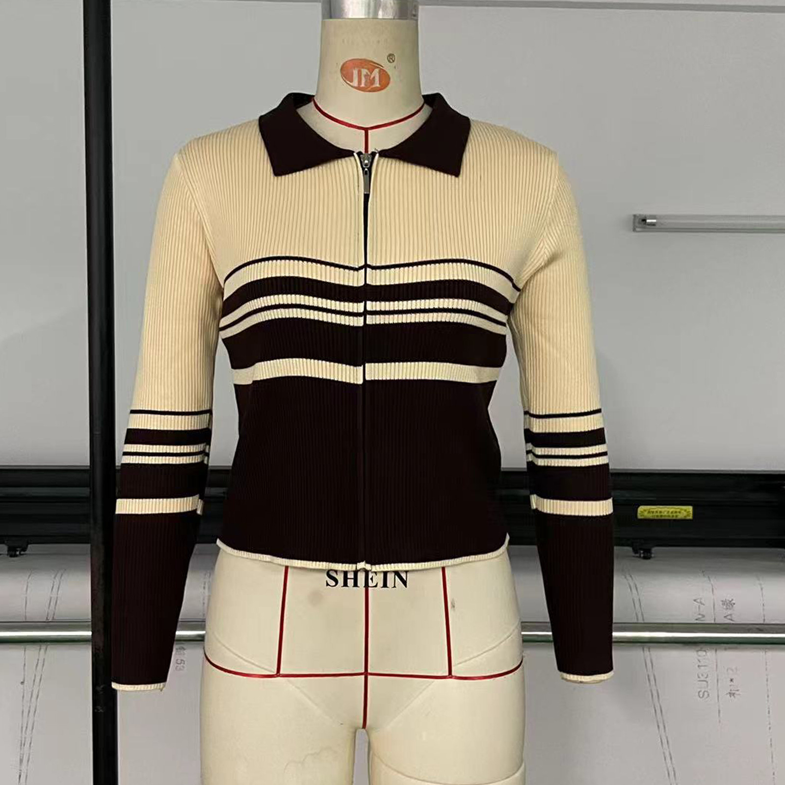 Vintage Stripe Stitching Lapel Long Sleeve Zipper Jacket Brown - Shop at LoveMi