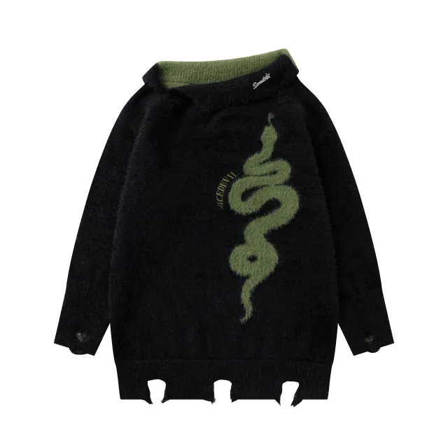 Autumn And Winter Design Sense Niche Women's Diagonal Collar Idle Style Loose And Warm Knitwear Black And Green - Shop at LoveMi