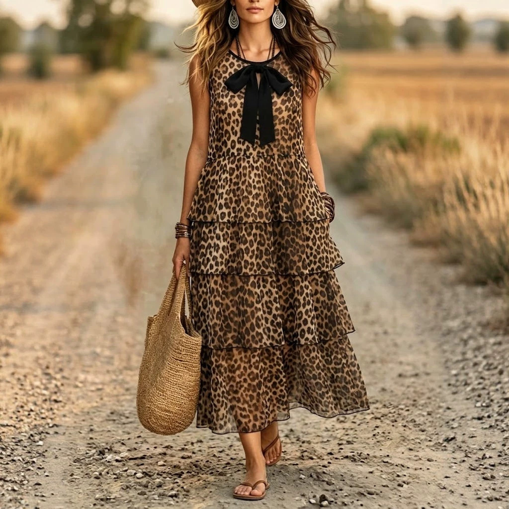 Printed Lace-Up Bow Womens Multi-Layer Cake Dress