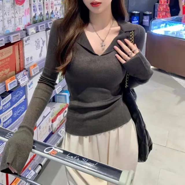 V neck Sweater Sweater Inner Wear Slimming Long Sleeve Top Dark Gray - Shop at LoveMi