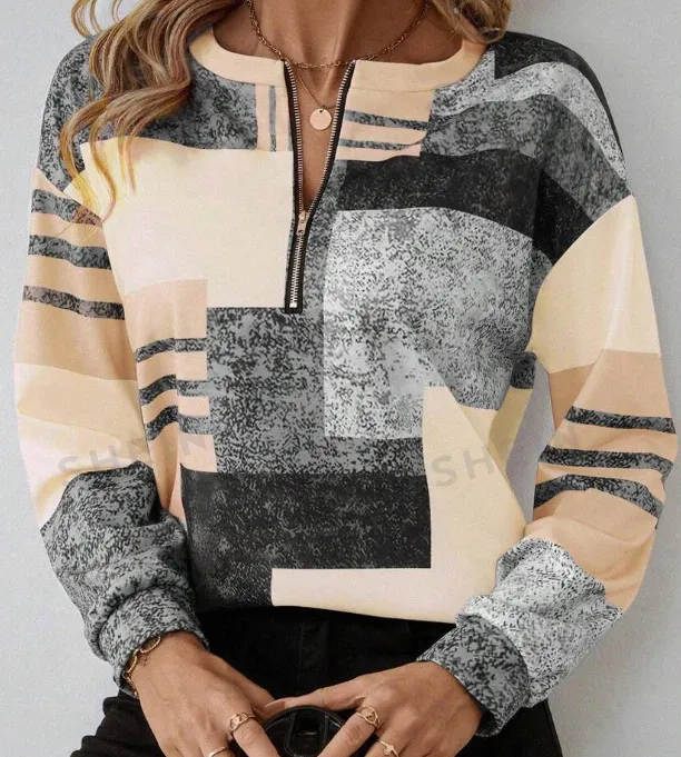 Round Neck Half Zipper Casual Style Polo Shirt Irregular Geometric Top Wf05Wf05Zl241212Y001 - Shop at LoveMi