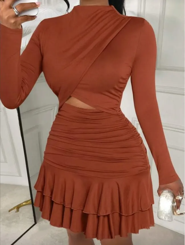 Women's Long Sleeved Ruffle Asymmetrical Pleated Slim Mini Skirt - Caramel Color-L