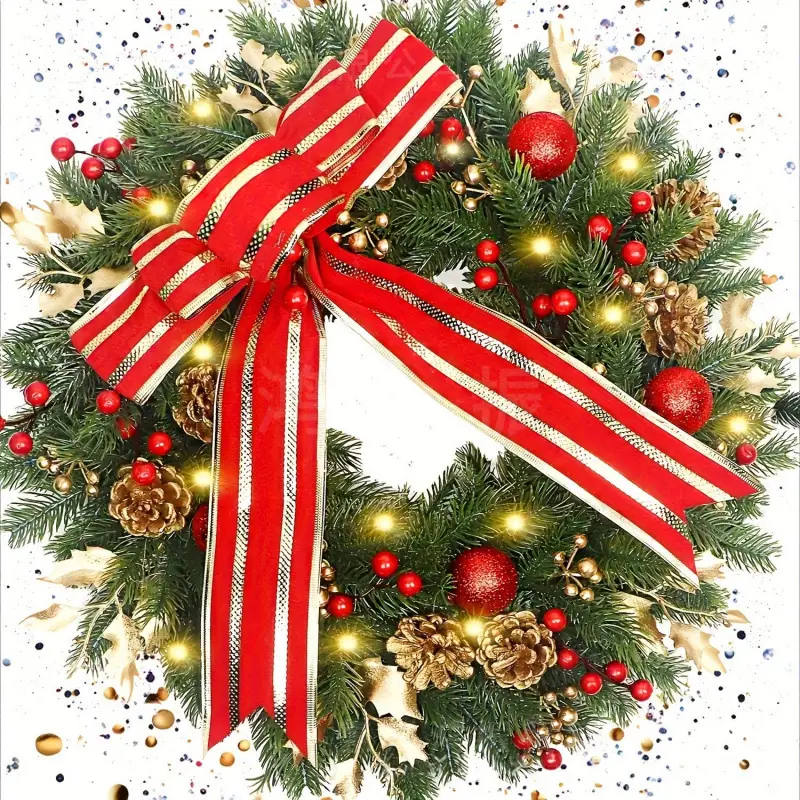 Christmas Artificial Flower Wreath With Striped Bow And Faux Pine Conescourtyard Decoration