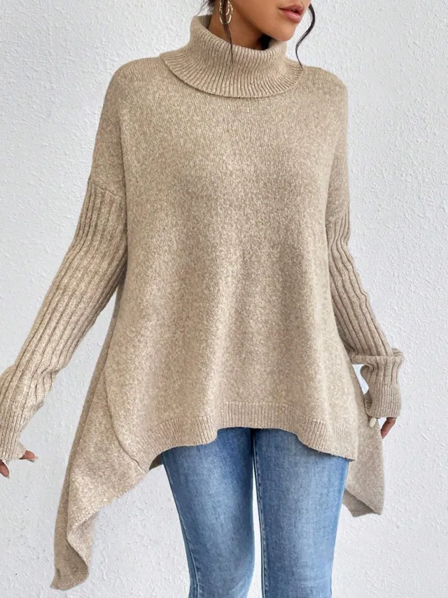 Irregular Turtleneck Sweater Winter Loose Long Sleeve Knitted Tops Leisure Warm Pullover Sweater Women's Clothing Khaki - Shop at LoveMi