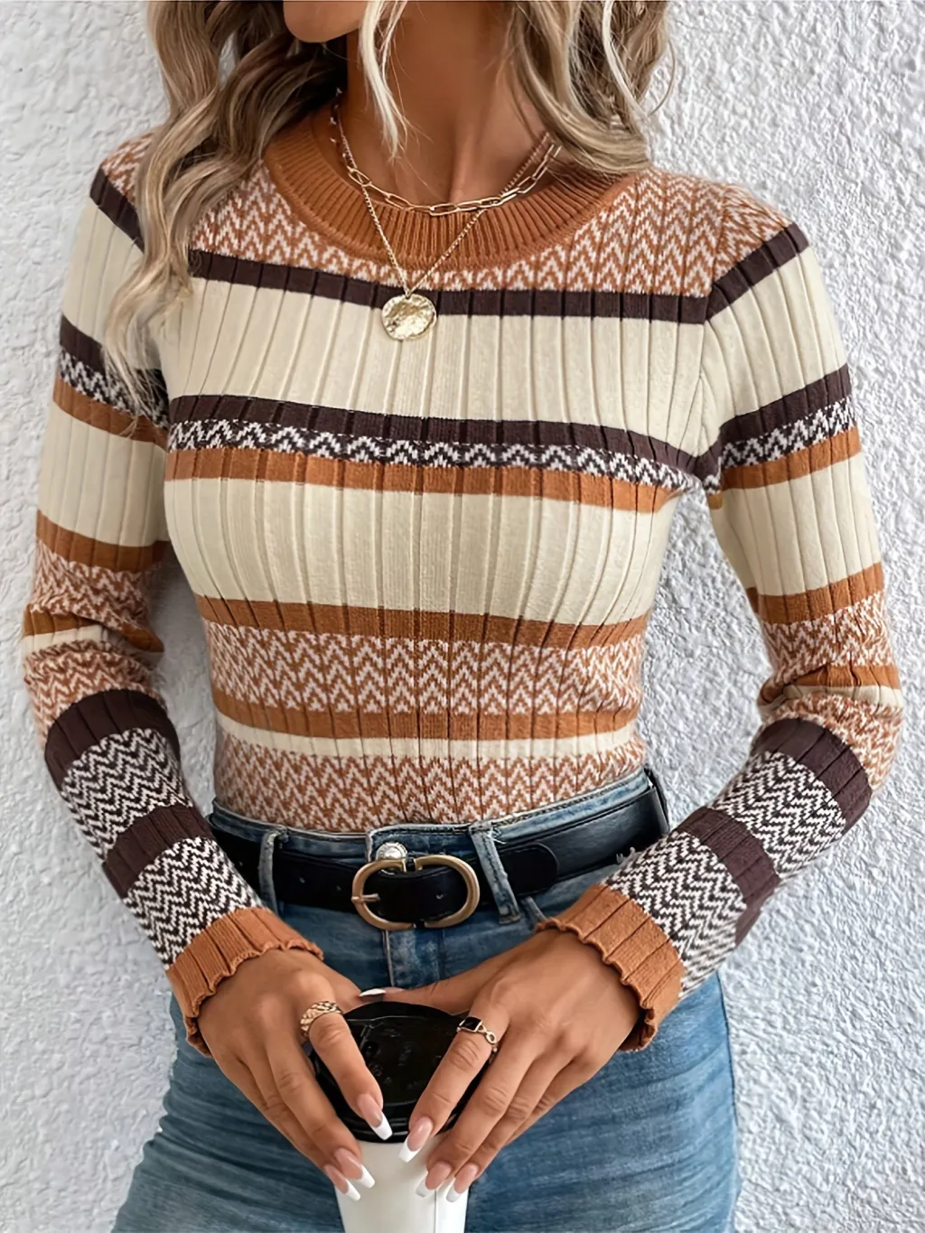 Contrast Color Striped Thread Top Fashion Sweater Women's - Brown