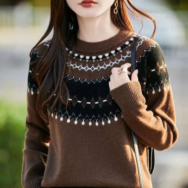 Jacquard Round Neck Multicolor Sweater For Women Brown - Shop at LoveMi
