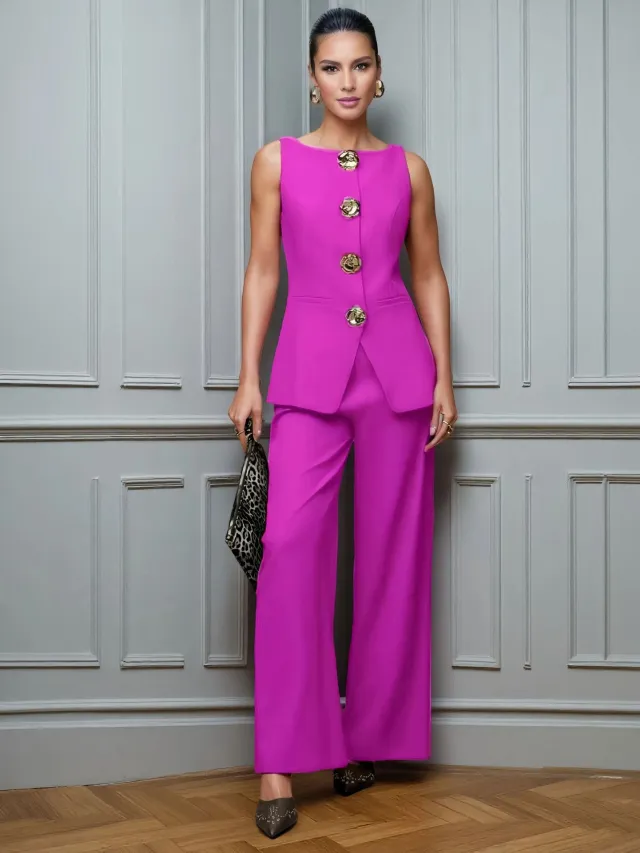 Women's Fashion Golden Button Vest Pants Casual Suit Rose Red - Shop at LoveMi