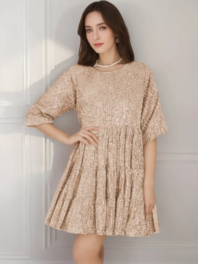 Loose Waist Short Sleeve Short Skirt Dress Banquet Sequin Rose Gold - Shop at LoveMi