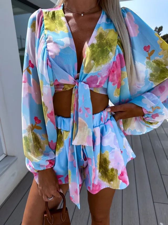 Chiffon Pleated Lantern Sleeve Long Sleeve V neck Shirt Elastic Waist Straight Shorts Printing Suit Blue - Shop at LoveMi