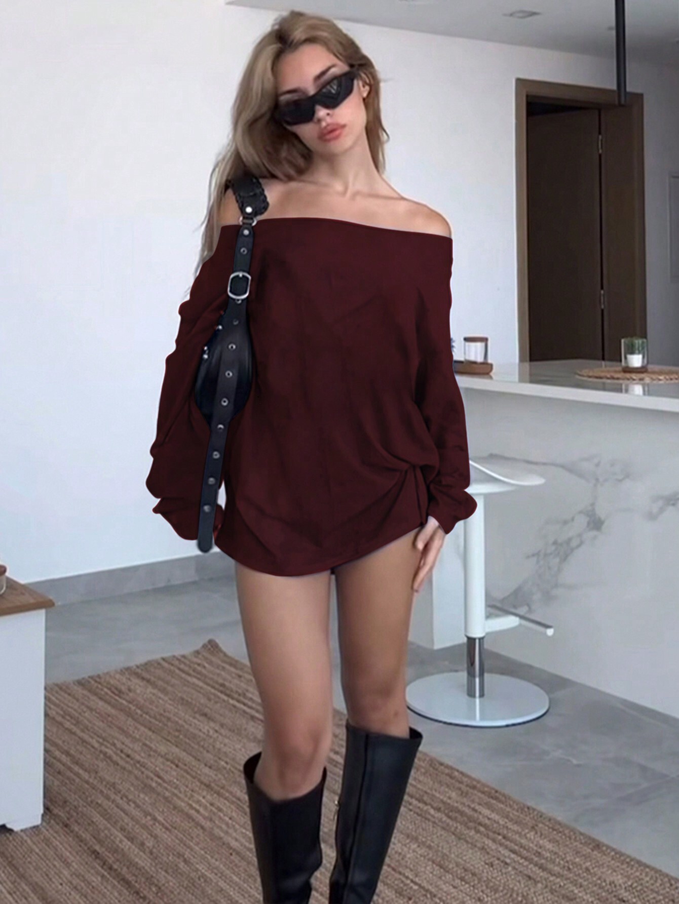 Sweet And Spicy Style Burgundy Dress Off shoulder Loose Short Dress For Autumn And Winter Wine Red - Shop at LoveMi