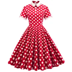 Elegant Polka Dot Photo Maxi Skirt Retro Dress - Red - View 1