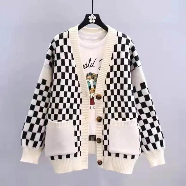 Chessboard Plaid Sweater Knitted Cardigan New Japanese Lazy Style Loose Top Coat White - Shop at LoveMi