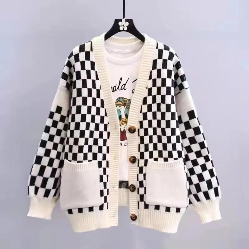 Chessboard Plaid Sweater Knitted Cardigan New Japanese Lazy Style Loose Top Coat - White