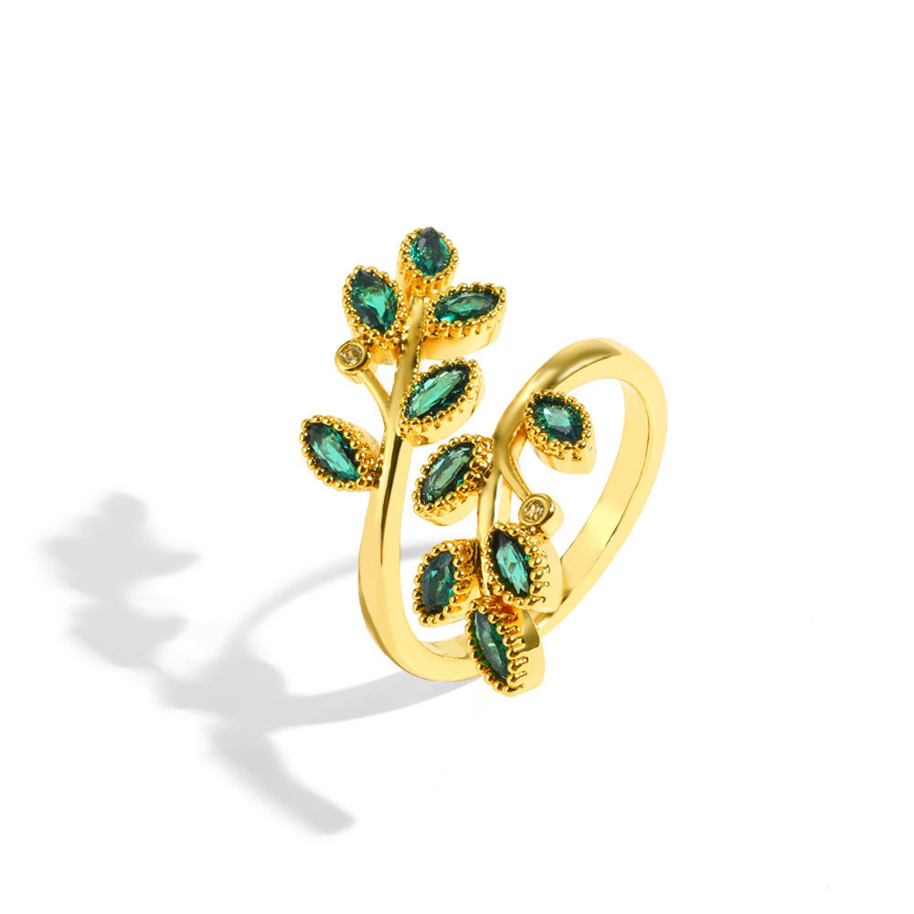Simple Inlaid Zircon Leaf Cross Ring Female Creative Adjustment Switchable Index Finger Ring Ornament