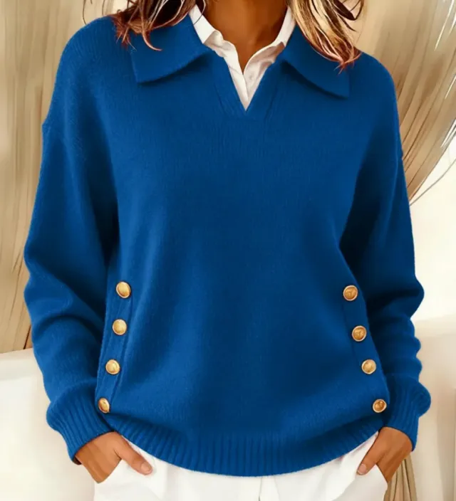 Turn down Collar Button down Collar Pullover Women's Long Sleeve Blue - Shop at LoveMi