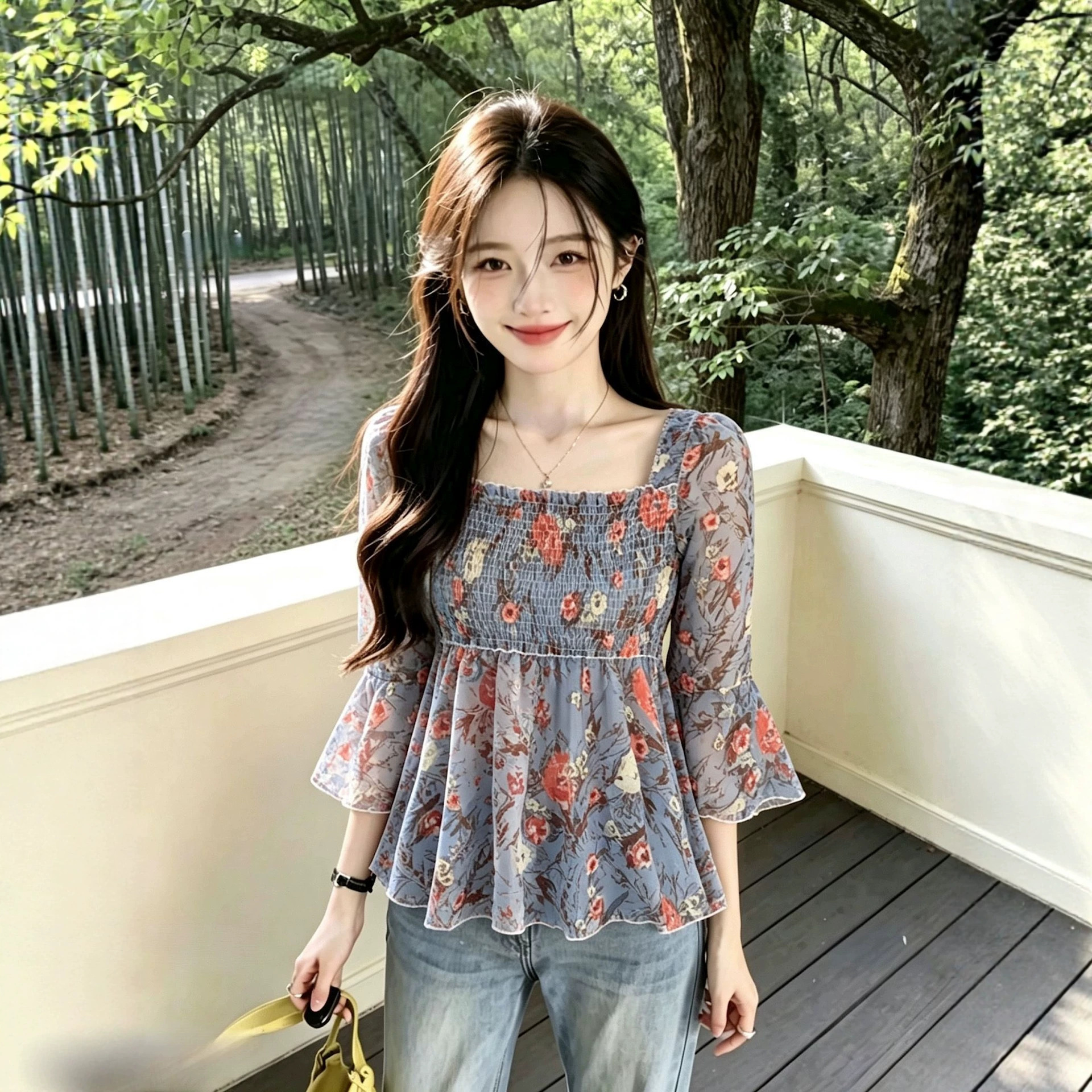 Summer New Arrival Flared-sleeve Floral Top