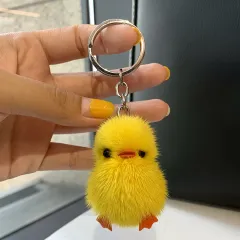 Mini Mink Hair Small Yellow Duck Car Key Ring Pendant Cute Plush Schoolbag Pendant Gift - Yellow Silver Ring Buckle - View 1