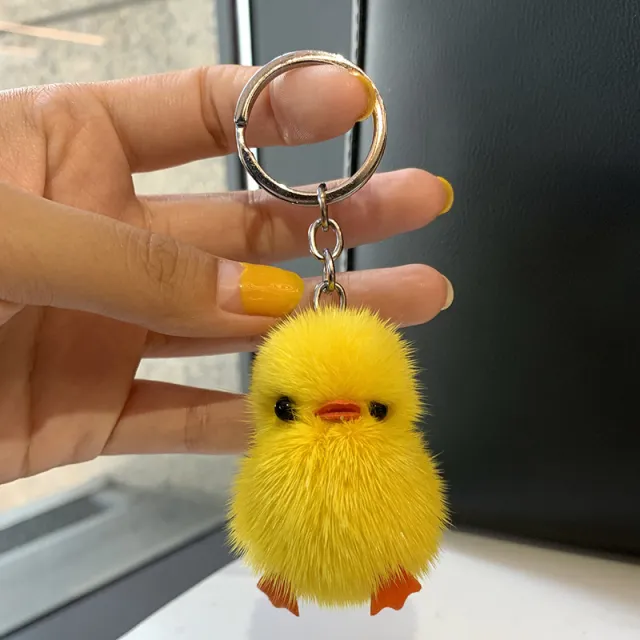Mini Mink Hair Small Yellow Duck Car Key Ring Pendant Cute Plush Schoolbag Pendant Gift Yellow Silver Ring Buckle - Shop at LoveMi