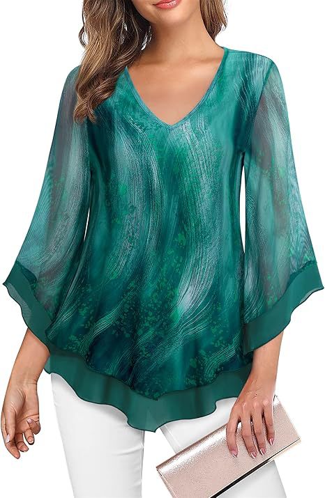 Women's Summer 34 Flare Sleeve Top Dark Green - Shop at LoveMi