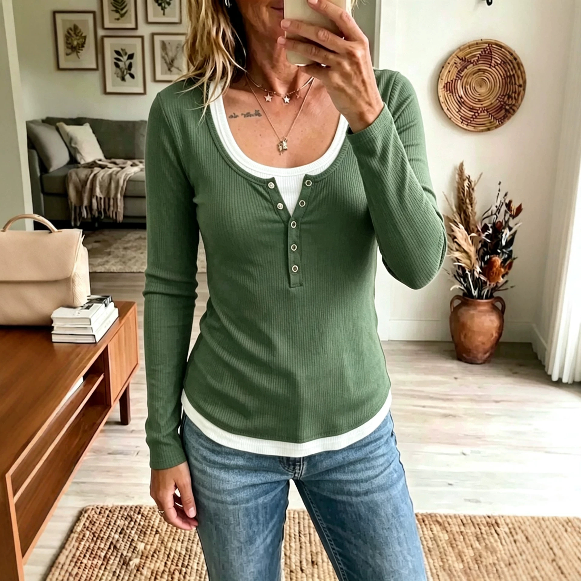 Womens Color-Block Fake Two-Piece Slim-Fit Casual Long-Sleeve T-Shirt