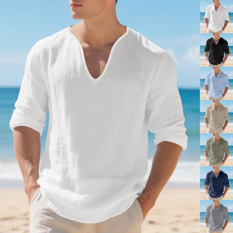 Mens Linen Casual Loose-fit V-neck Long-sleeve Shirt