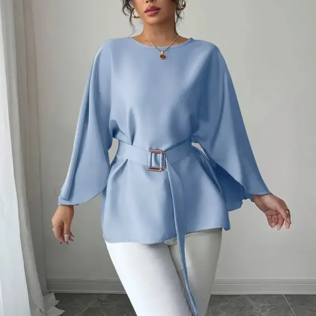 Solid Color Shirt Flared Half Sleeve Women's Clothing Blue With Belt - Shop at LoveMi
