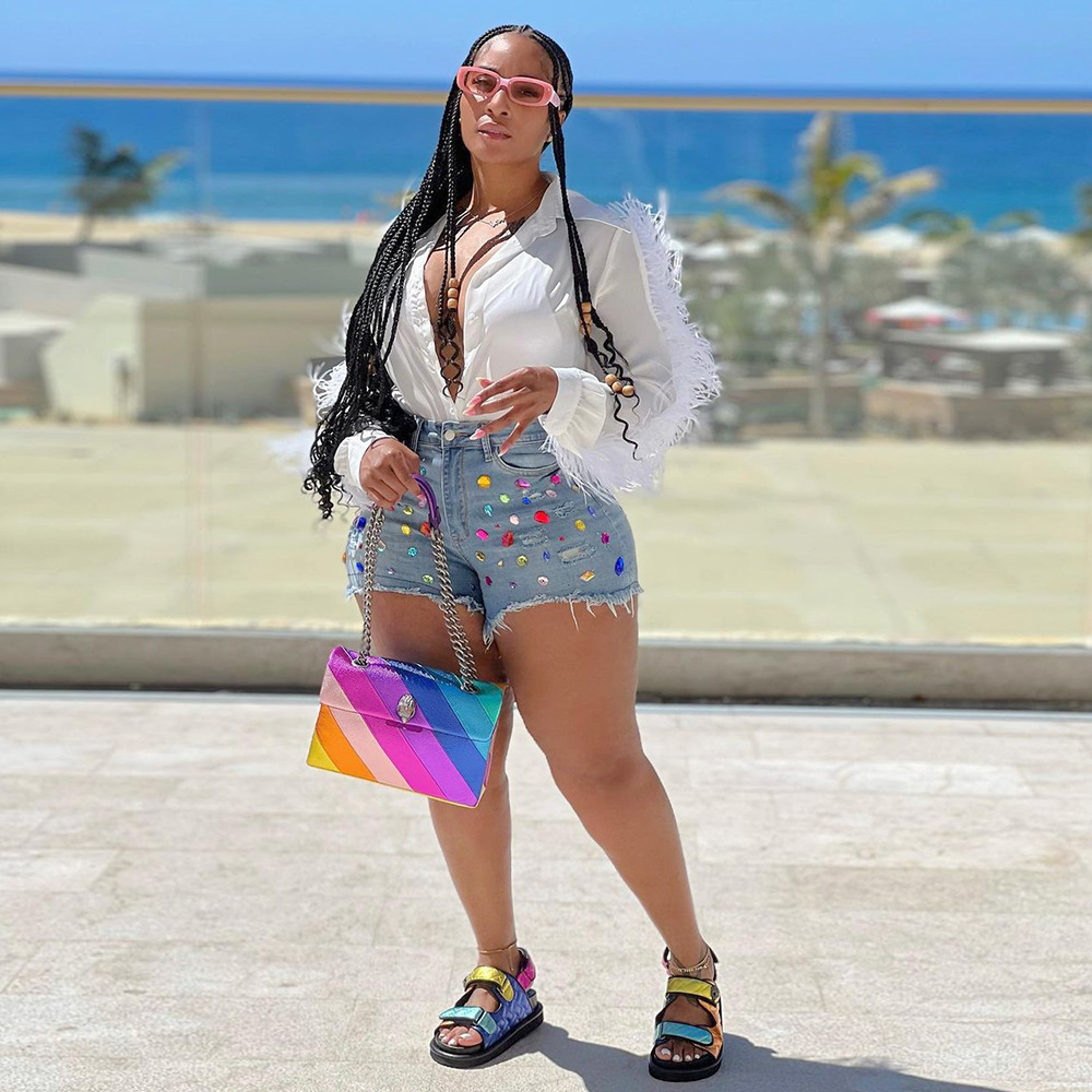 Women's Casual Colorful Crystals Tassel Brushed Denim Shorts 1 Blue - Shop at LoveMi